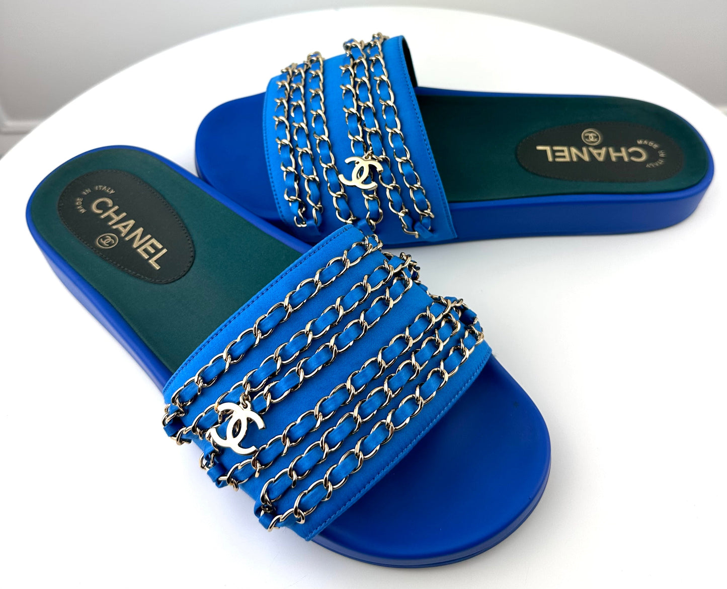 Chanel Satin Chain Slides