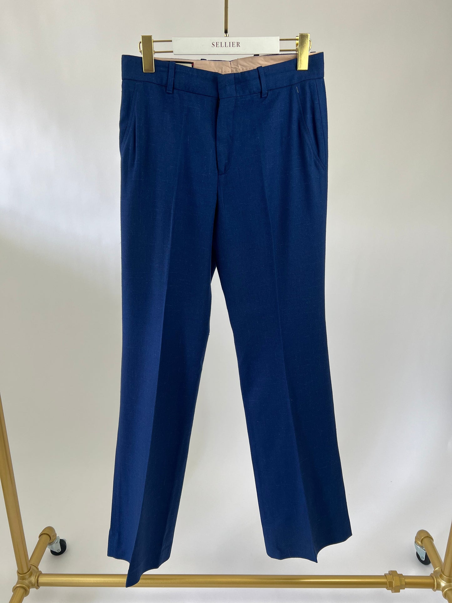 Luxury Gucci Navy Blue Linen Tailored Suit Trousers IT 40 (UK 8)