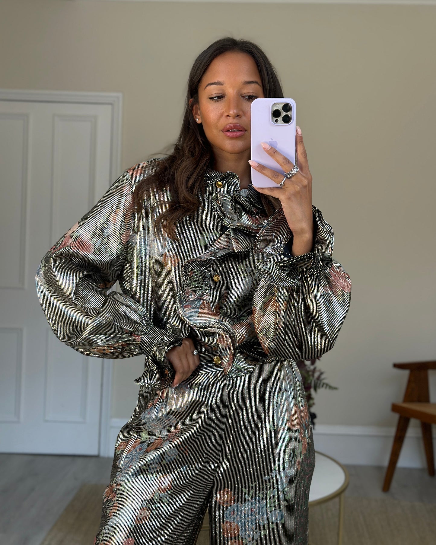 Luxury Gucci Trending 2025 Black Metallic Striped  Blouse and Trouser Set with Floral Detail Size UK 10-14