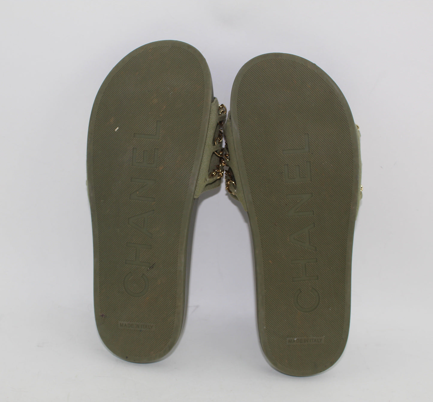 CHANEL CANVAS CHAIN FLAT SANDALS SIZE 38