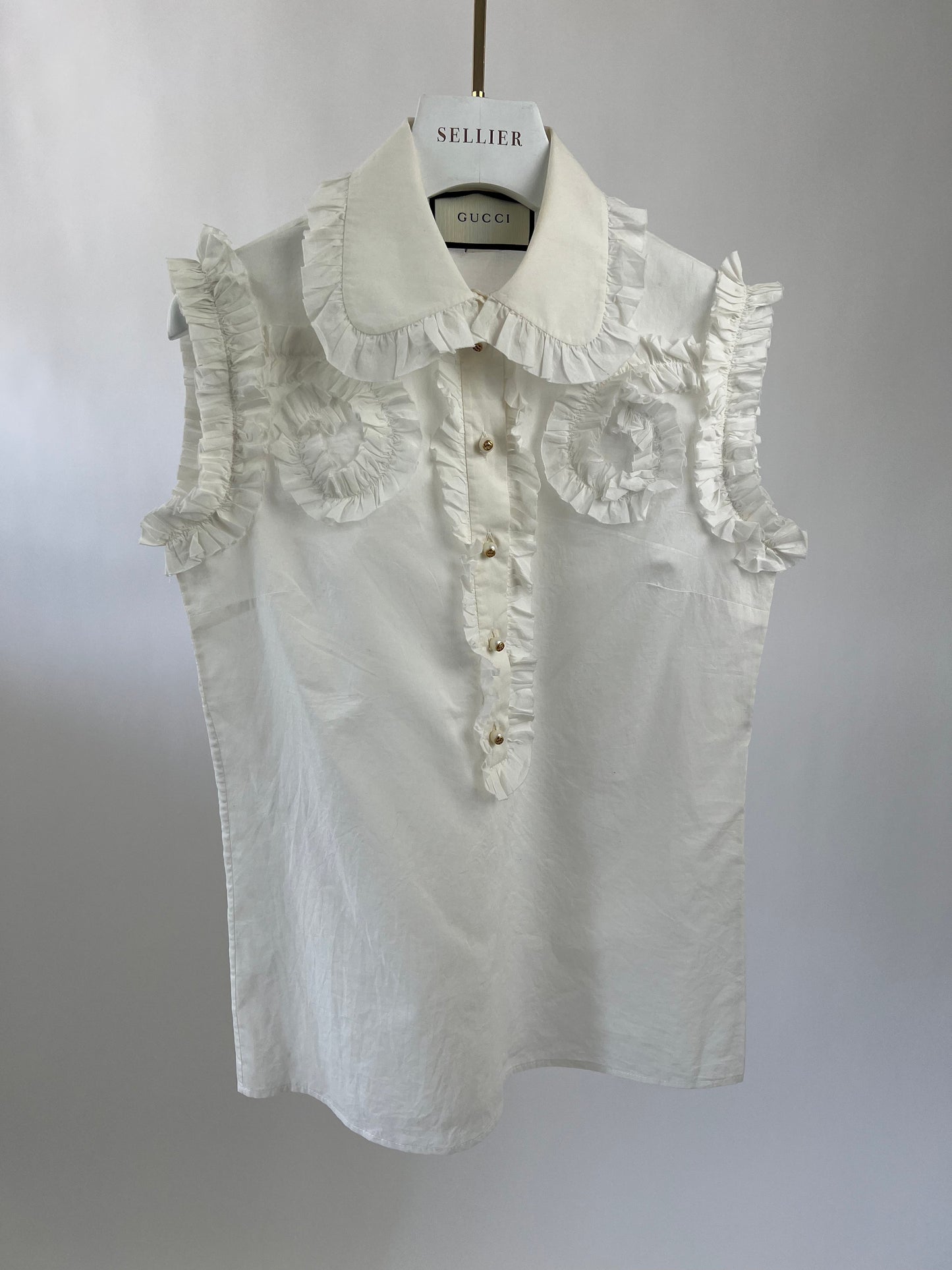 Luxury Gucci White Ruched Short Sleeve Blouse with Pearl GG Detailing IT 38 (UK 6)