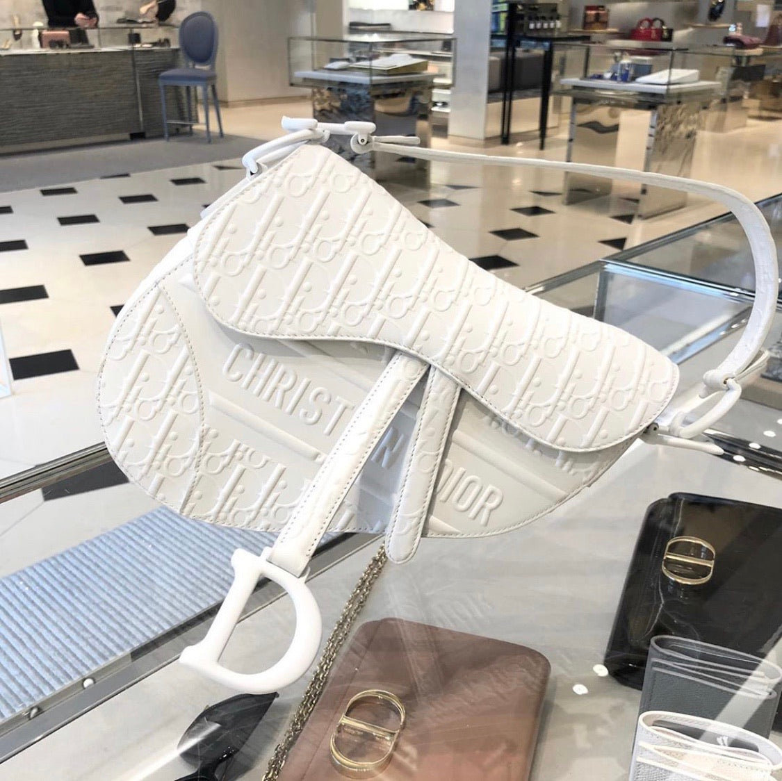 CHALK WHITE SADDLE DIOR OBLIQUE EMBOSSED SMOOTH CALFSKIN BAG