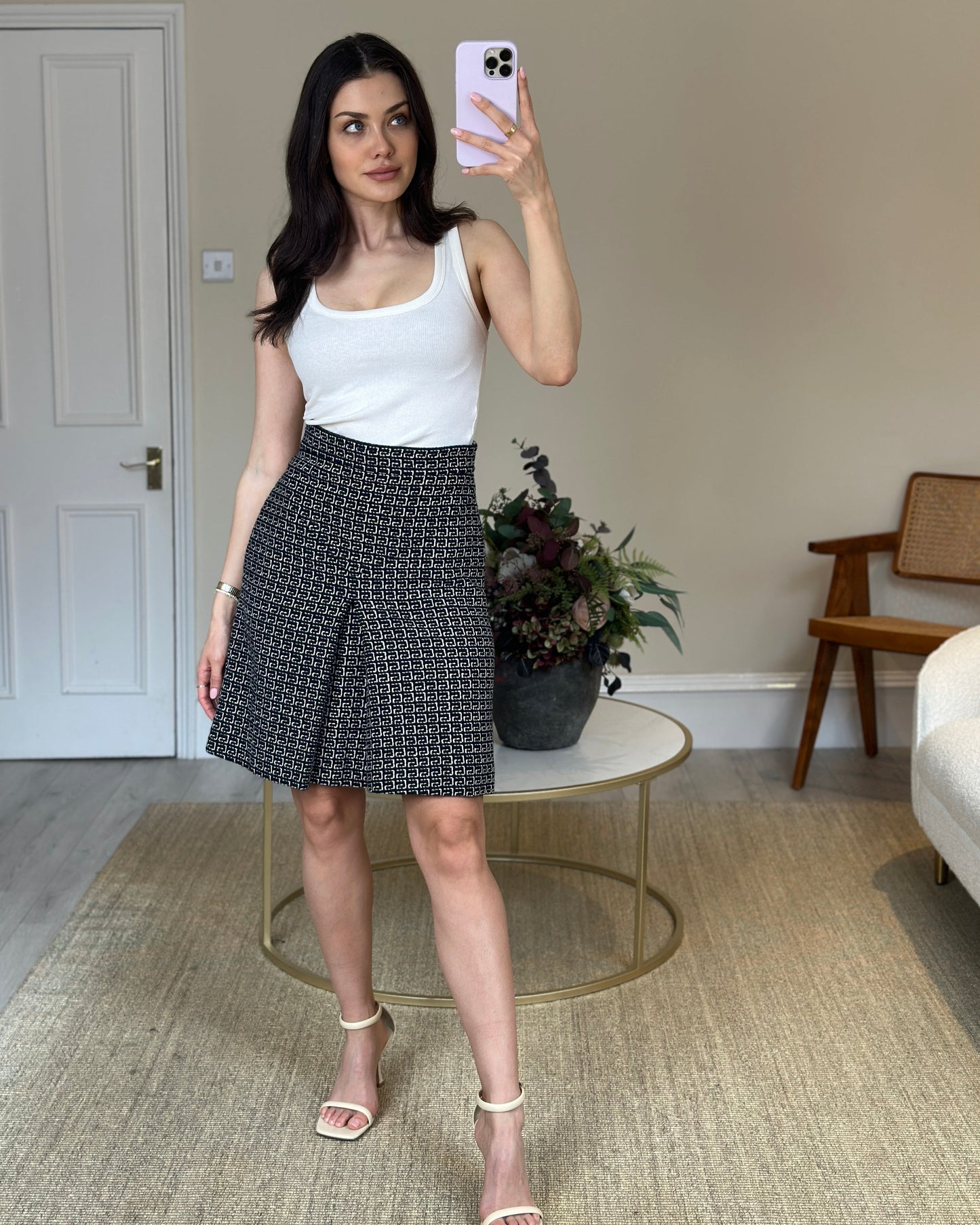 Luxury Gucci Navy and White Logo Printed Wool Skirt Size IT 40 (UK 8)