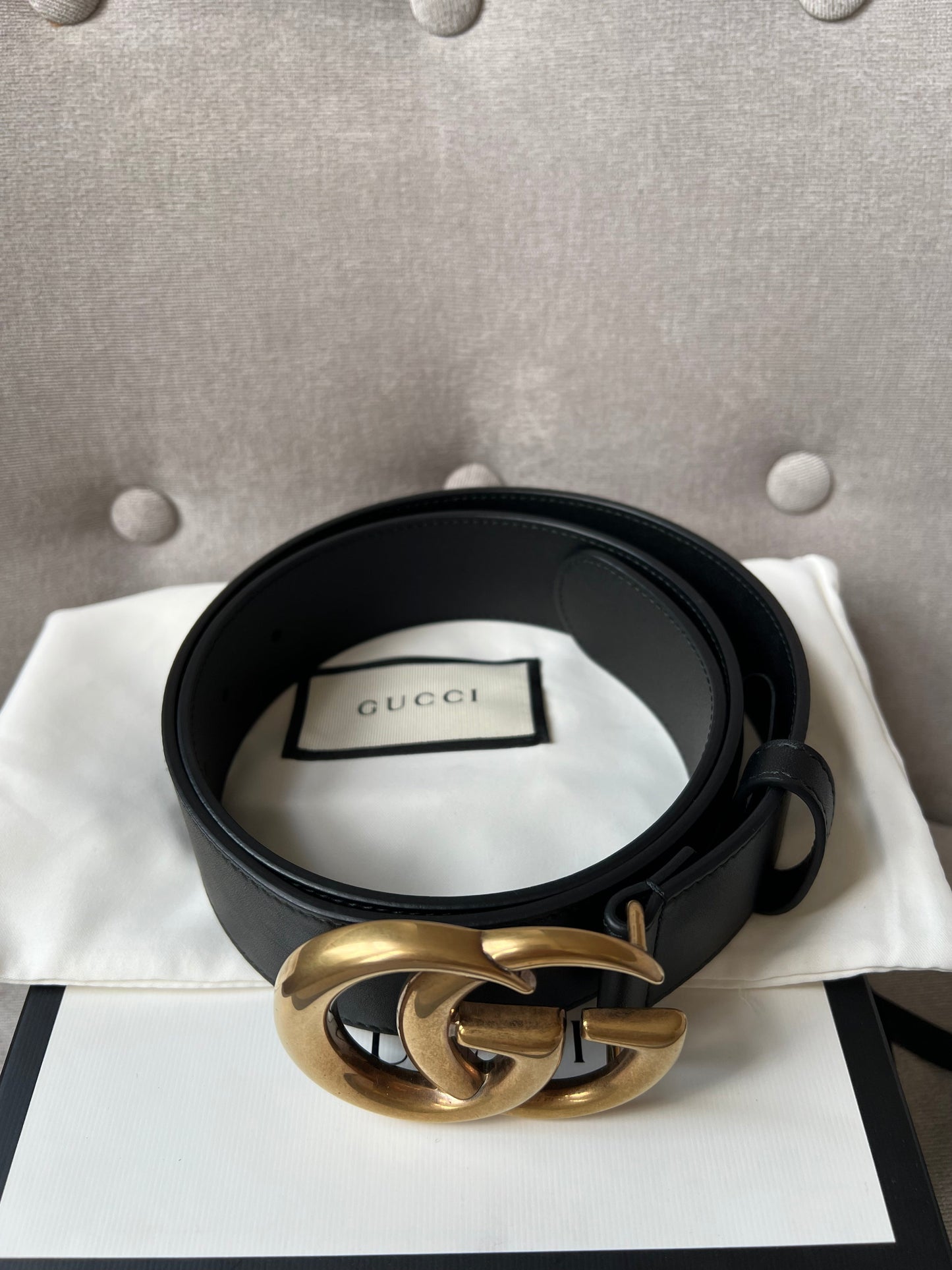 Luxury Gucci GG Marmont Black Leather Belt with Gold Buckle