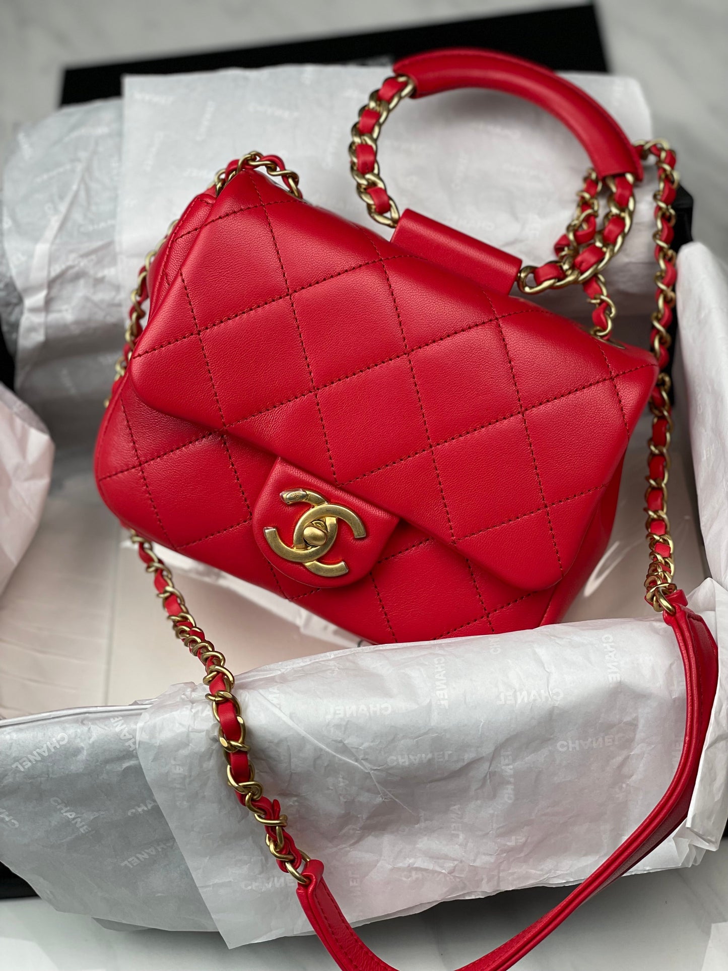 Chanel Top Handle Flap Bag Red