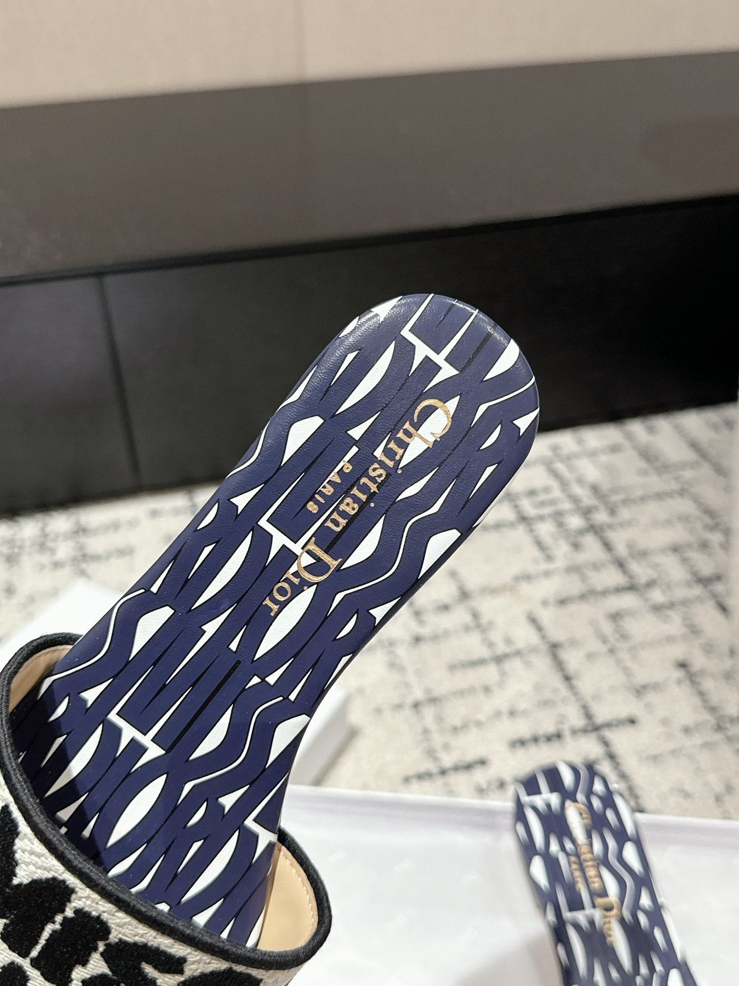 Luxury DiorDway Slide Deep Blue Mix White Black Embroidered Cotton