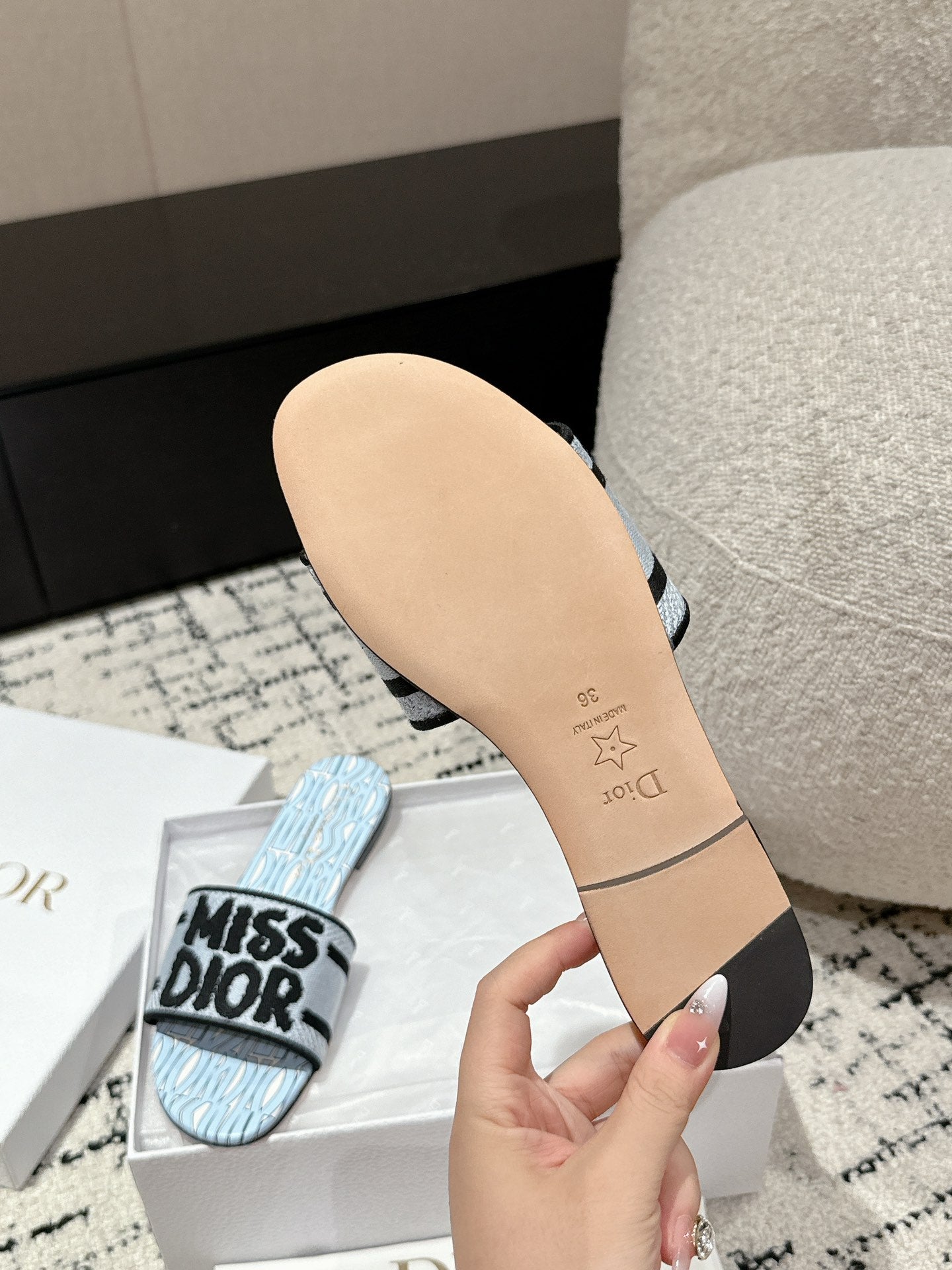 Luxury DiorDway Slide Blue Black Embroidered Cotton