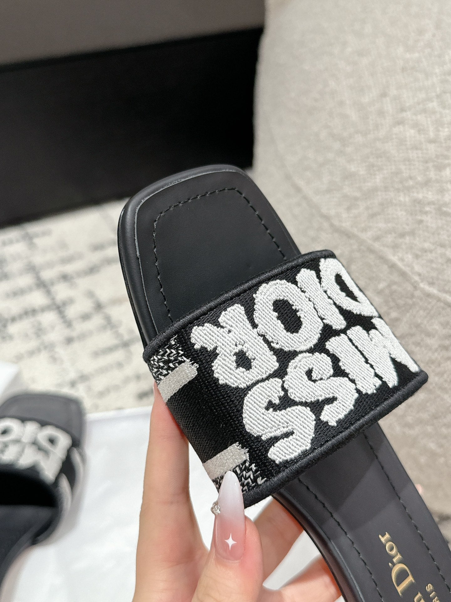 Luxury DiorDway Heeled Slide Black Mix White Embroidered Cotton