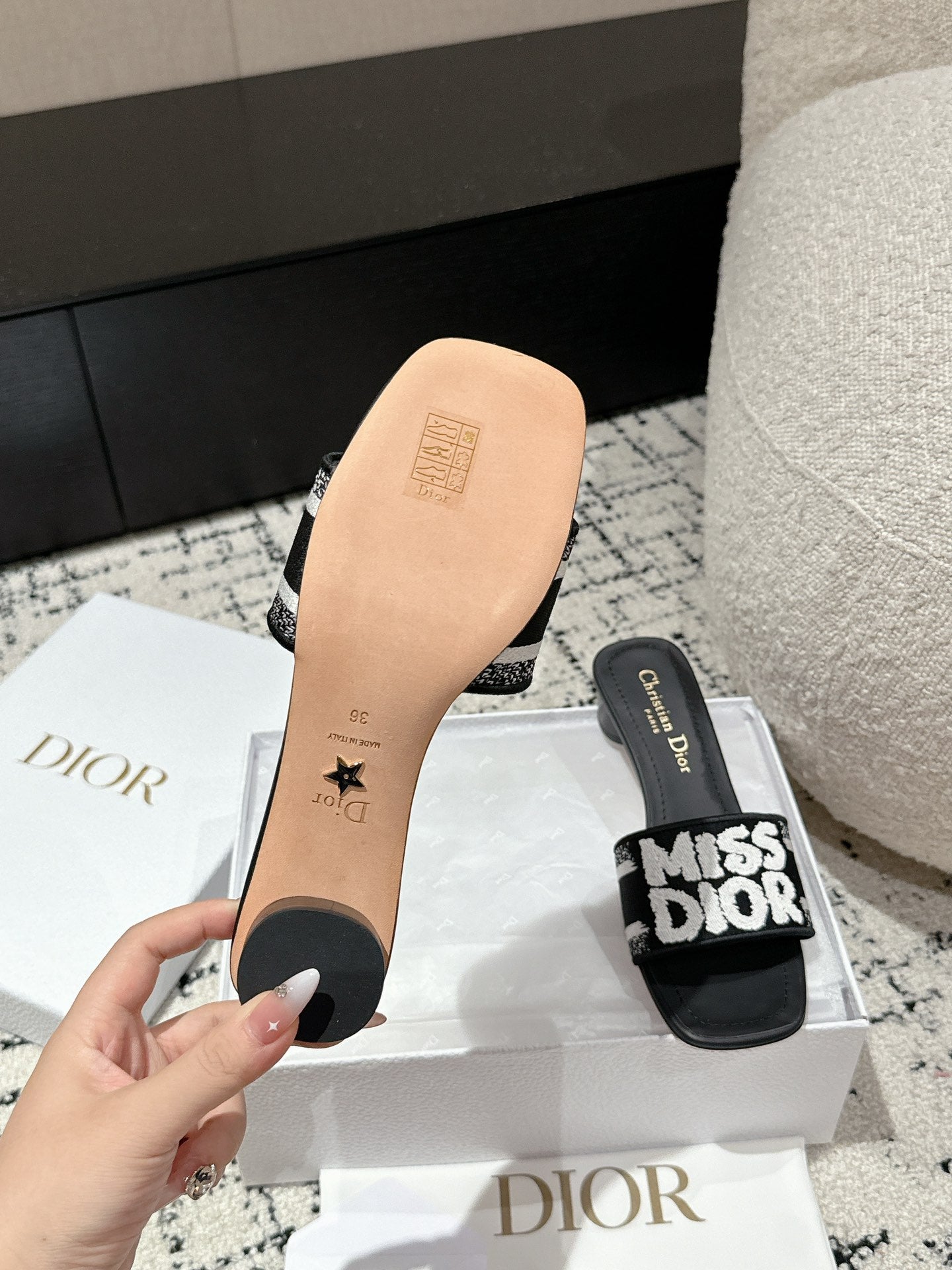 Luxury DiorDway Heeled Slide Black Mix White Embroidered Cotton