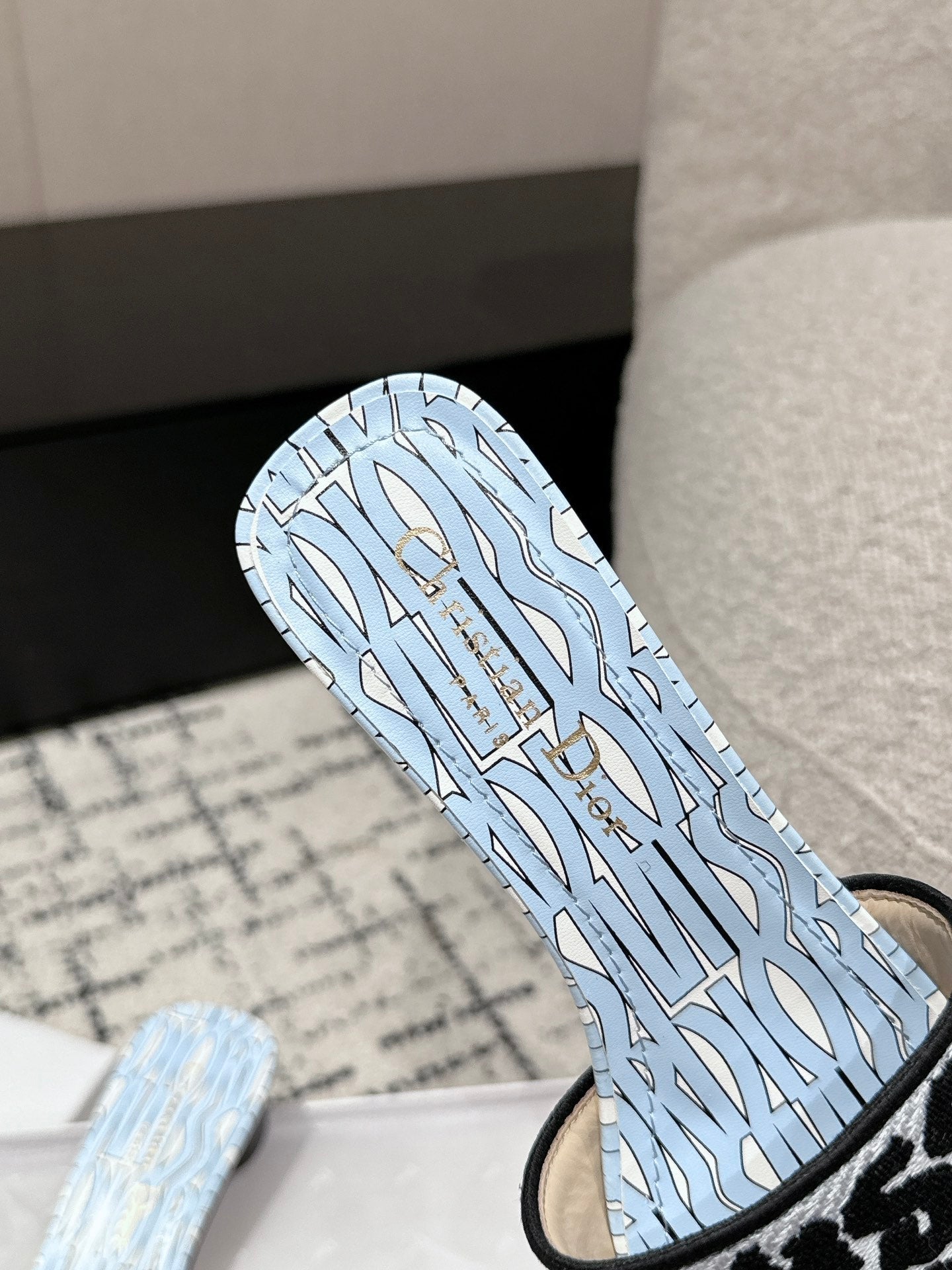 Luxury DiorDway Heeled Slide Blue Black Embroidered Cotton