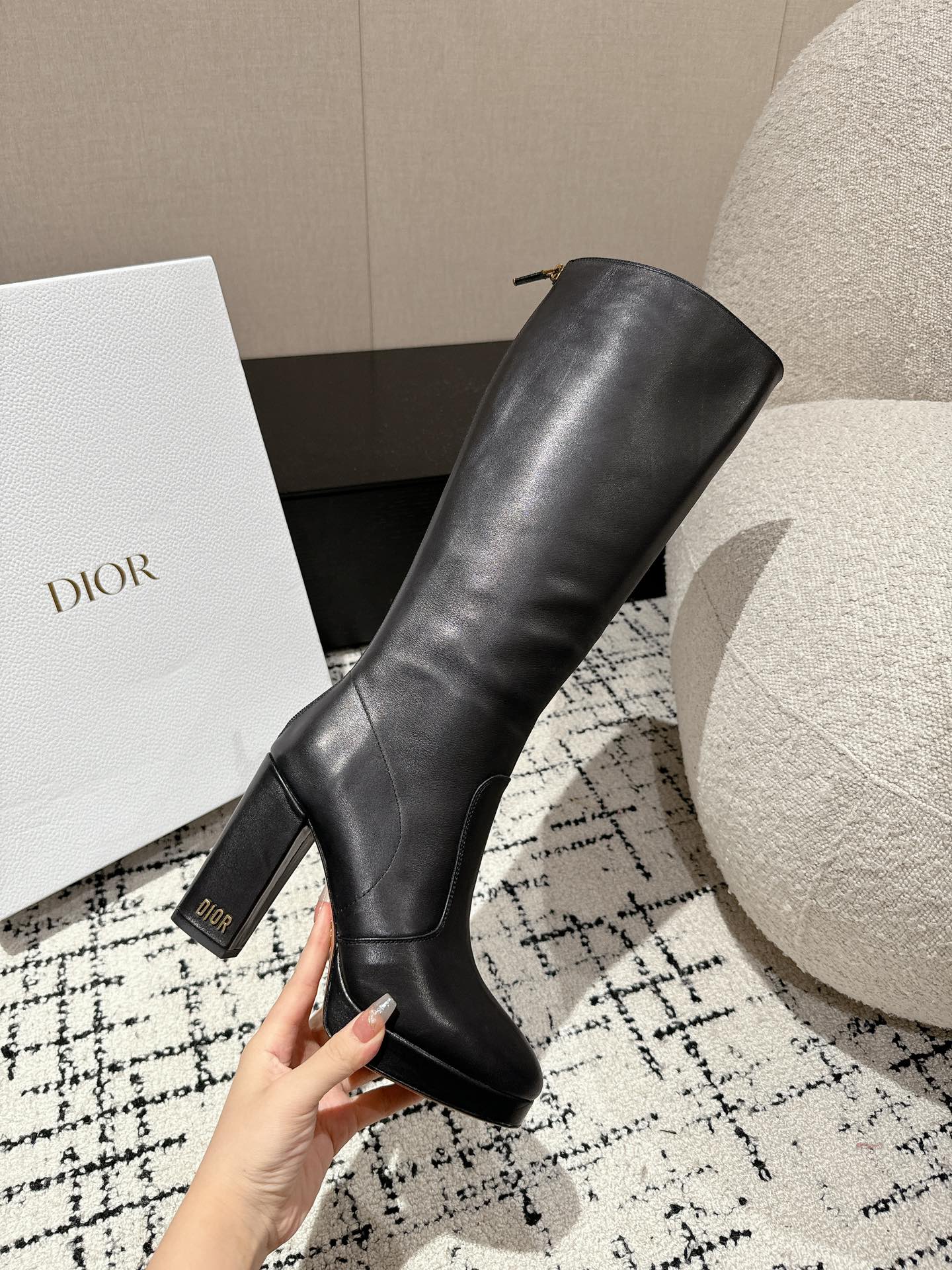 Luxury DiorHigh Boots 100mm Black Lambskin
