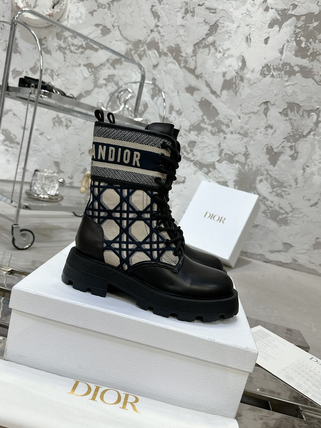 Luxury DiorD-Major Ankle Boot In Black Mix Charcoal Blue Tweed 100590