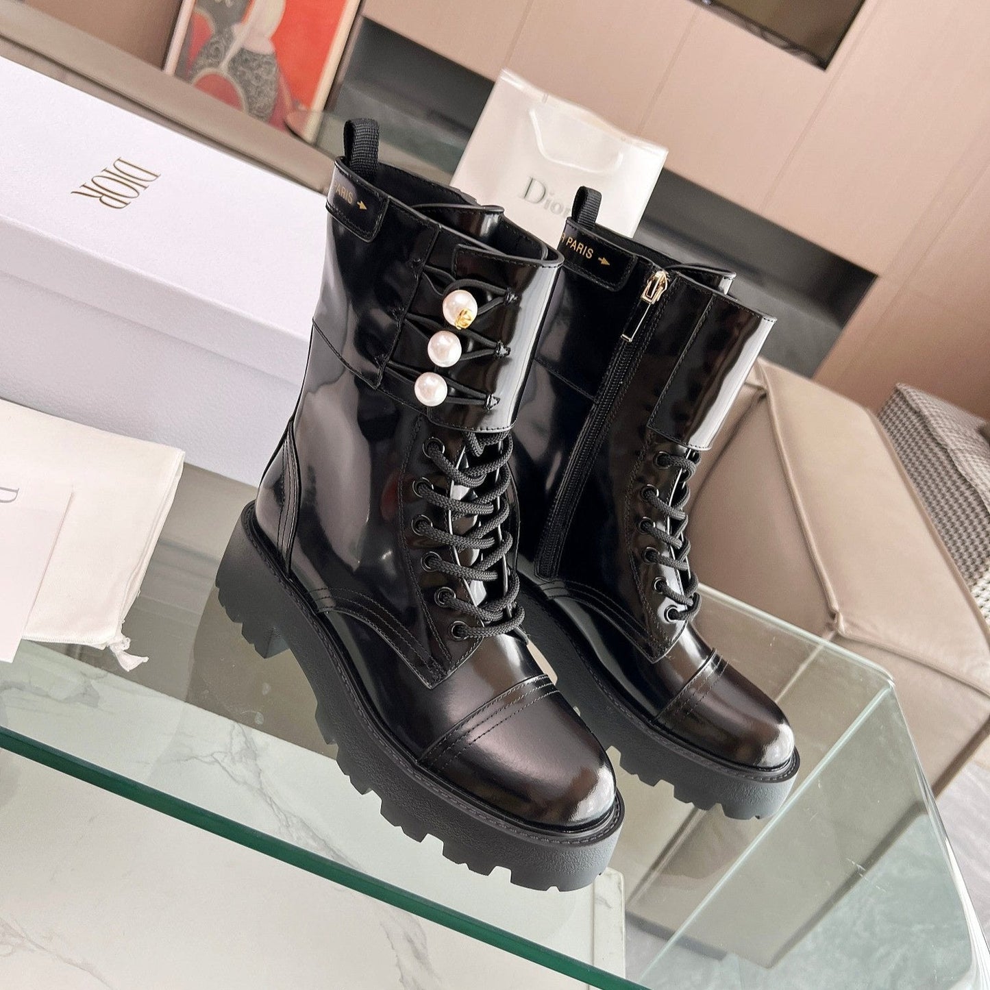 Luxury DiorD-Strike Ankle Boot Glossy Black Calfskin