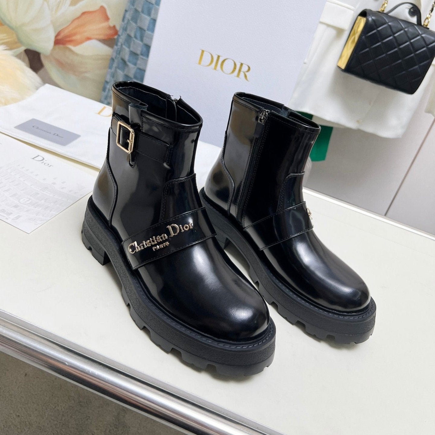 Luxury DiorD-Quest Ankle Boot Glossy Black Calfskin