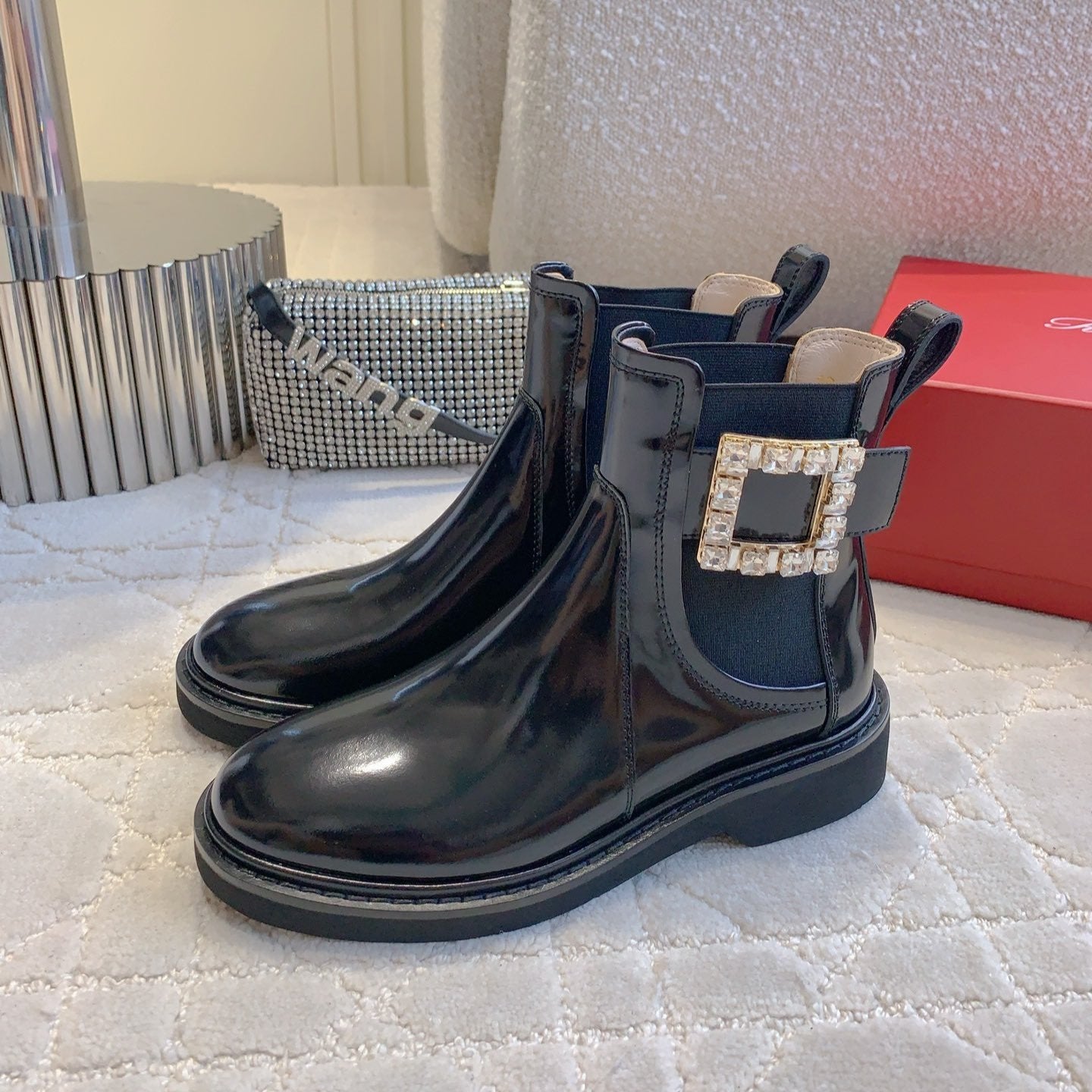 Luxury DiorVivie Roger Chelsea Ankle Boots Glossy Black Cowhide
