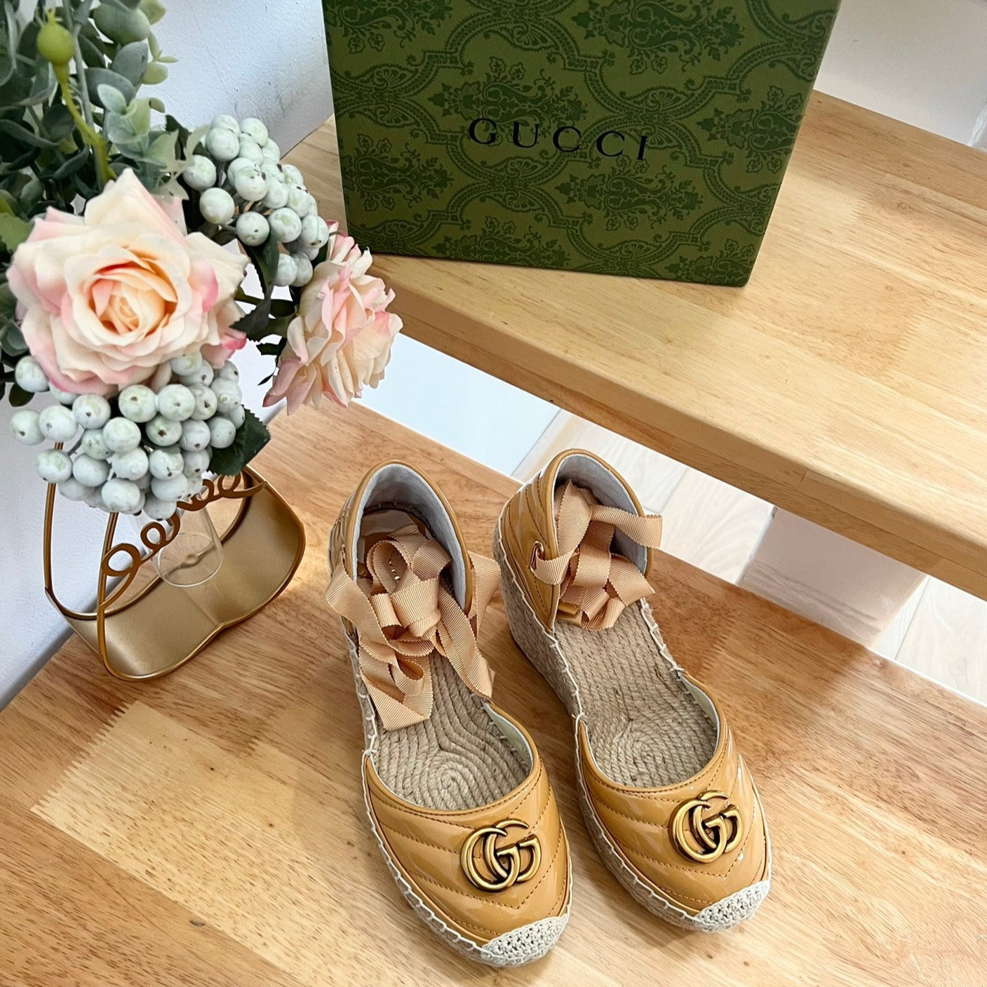 Luxury Gucci GG  Crochet platform Espadrilles Blush Amber Yellow