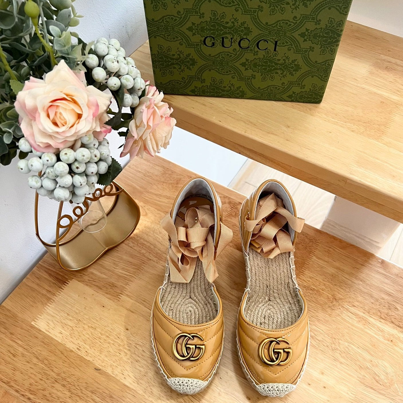 Luxury Gucci GG  Crochet platform Espadrilles Blush Amber Yellow