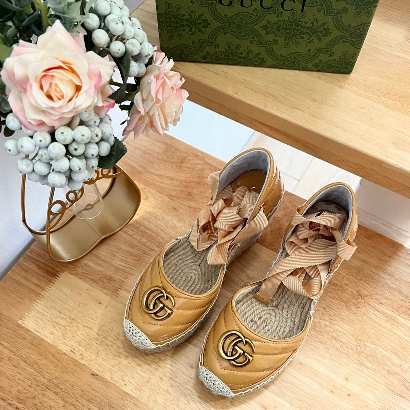Luxury Gucci GG  Crochet platform Espadrilles Blush Amber Yellow