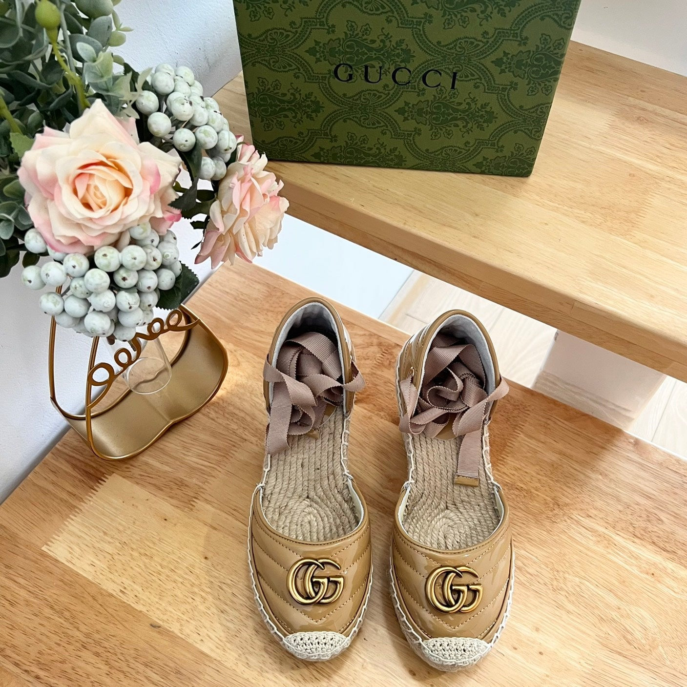 Luxury Gucci GG  Crochet platform Espadrilles Saddle Brown