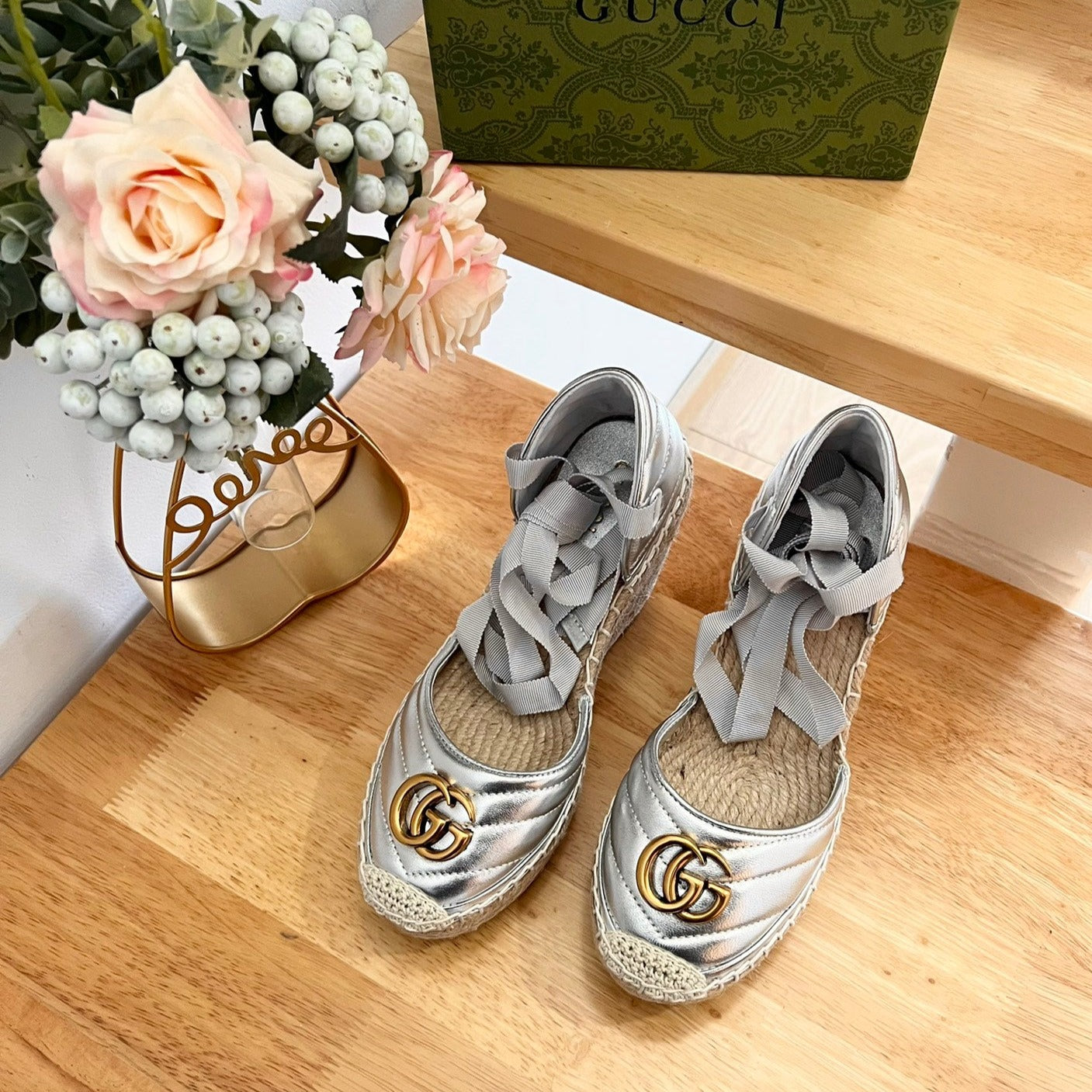 Luxury Gucci GG  Crochet platform Espadrilles Silver