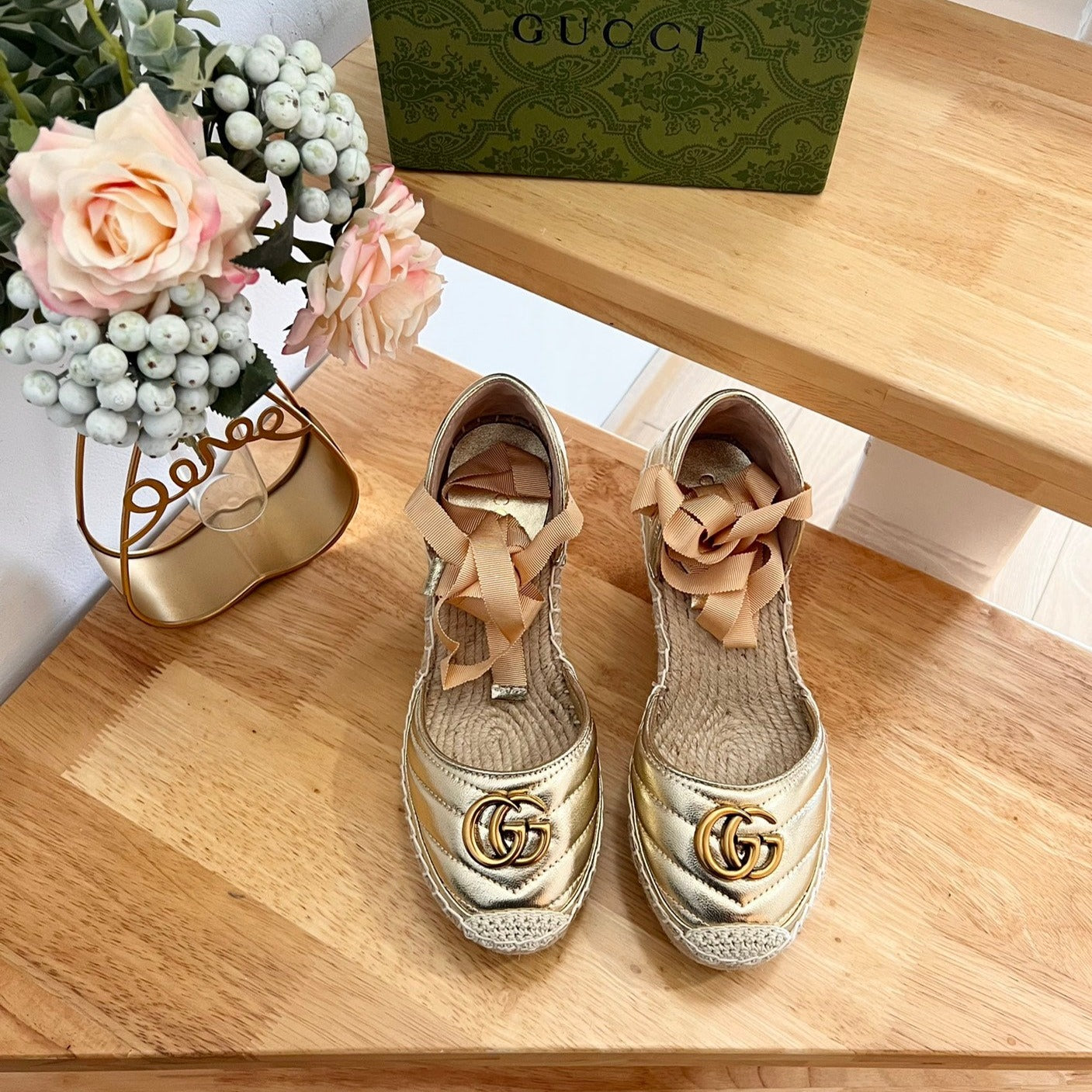 Luxury Gucci GG  Crochet platform Espadrilles Rose Tan Leather