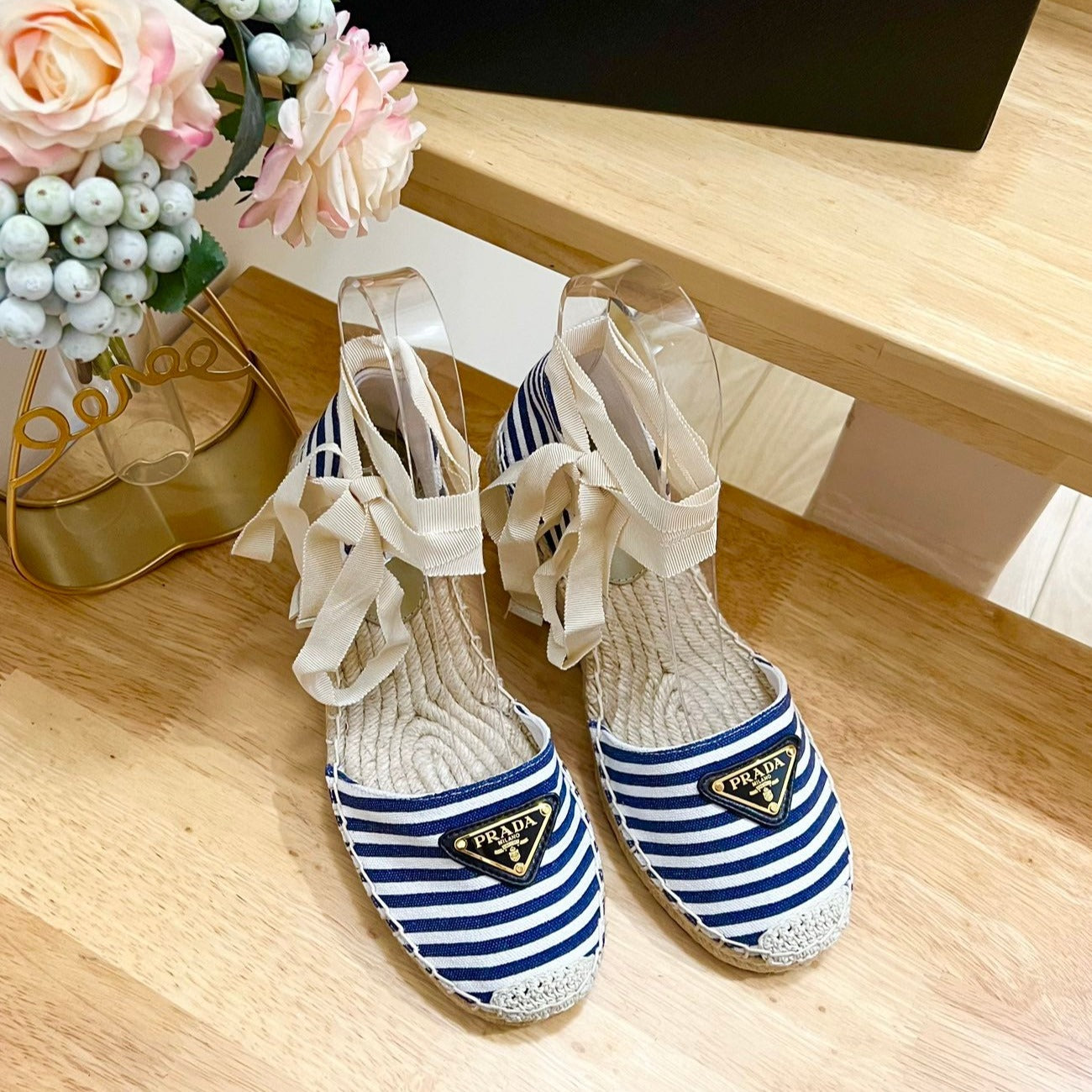 Luxury PradaSTRIPE ESPADRILLE WEDGE SANDAL NAVY FABRIC