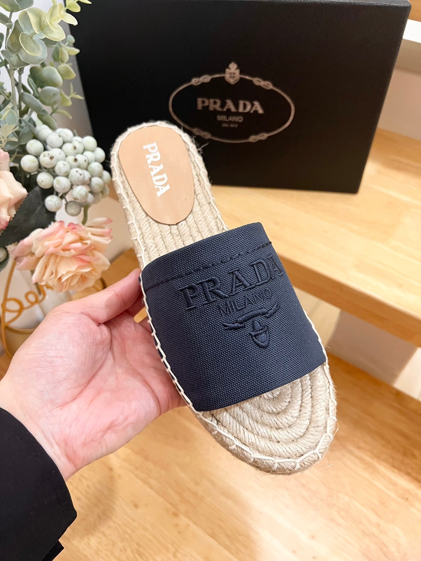 Luxury PradaSlide 20 Denim Velvet Beige Sole Raffia