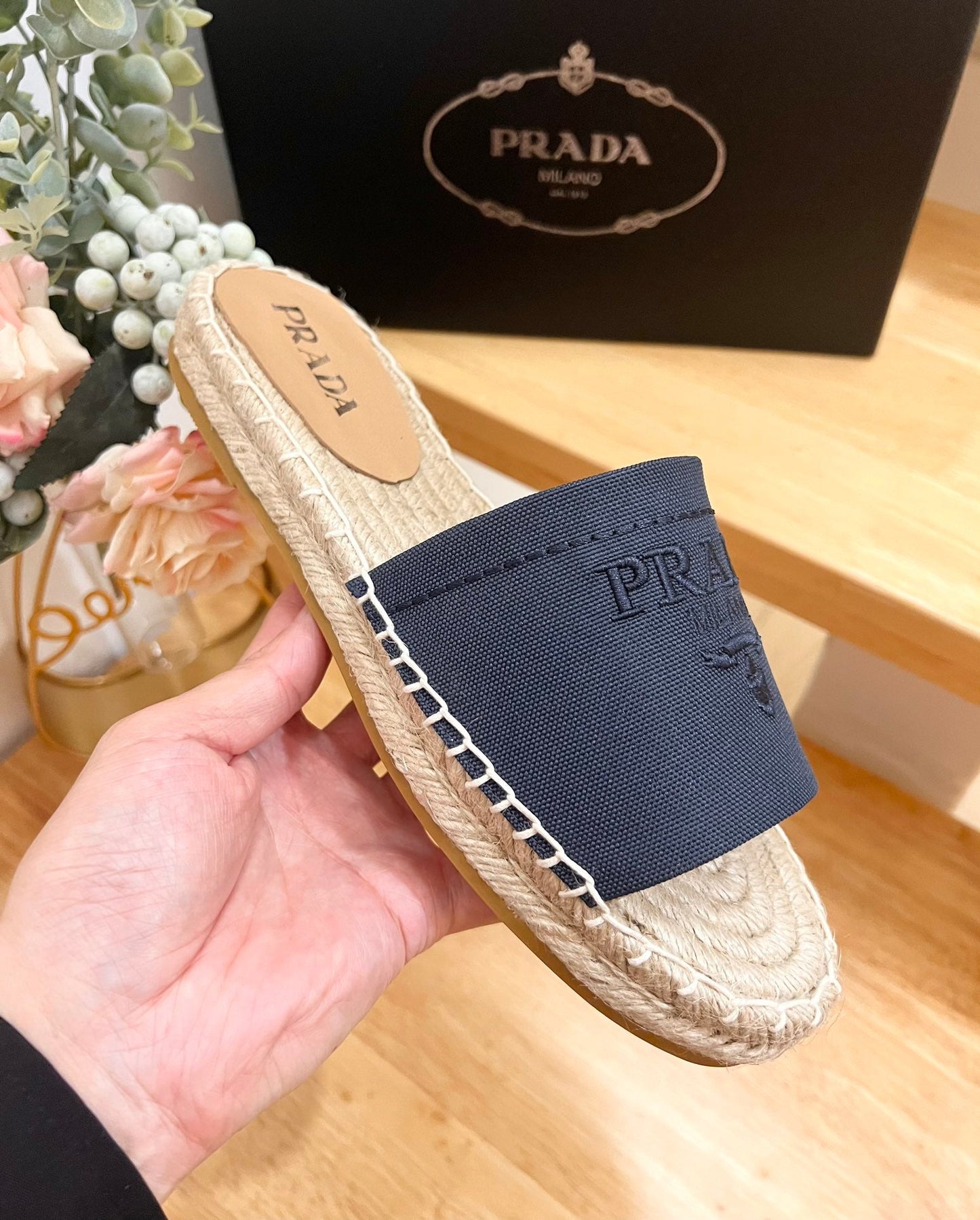 Luxury PradaSlide 20 Denim Velvet Beige Sole Raffia
