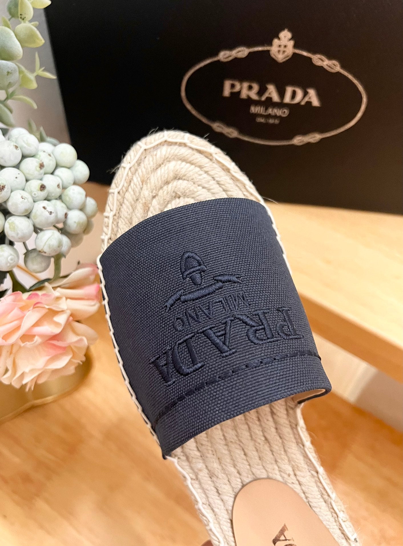 Luxury PradaSlide 20 Denim Velvet Beige Sole Raffia