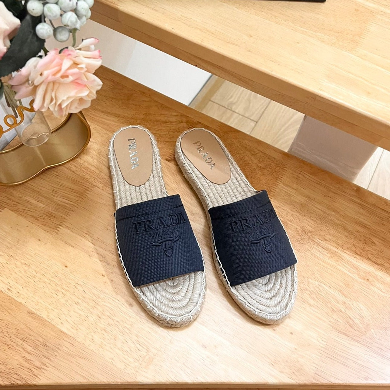Luxury PradaCROCHET SLIPPERS NAVY LINEN FABRIC