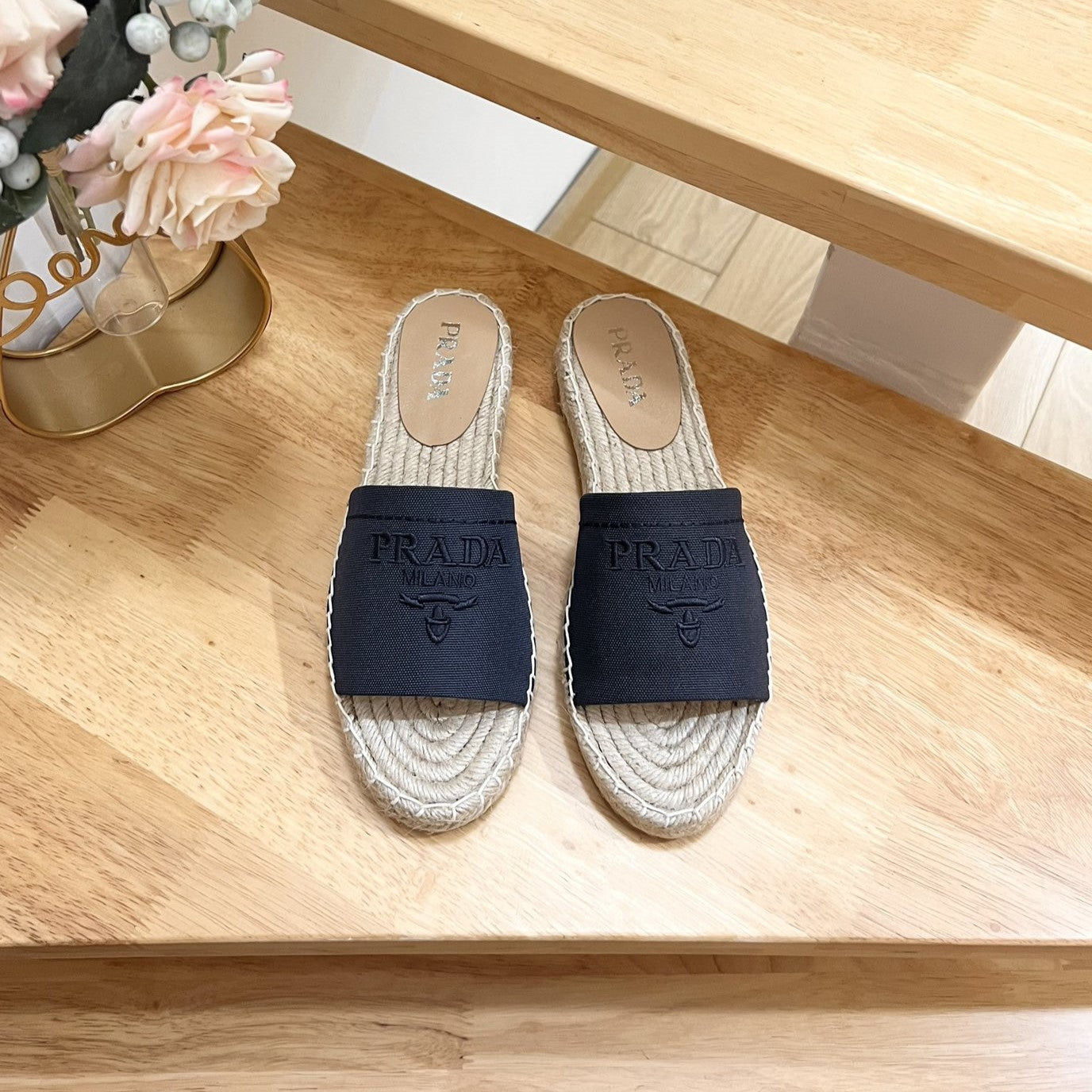 Luxury PradaSlide 20 Denim Velvet Beige Sole Raffia