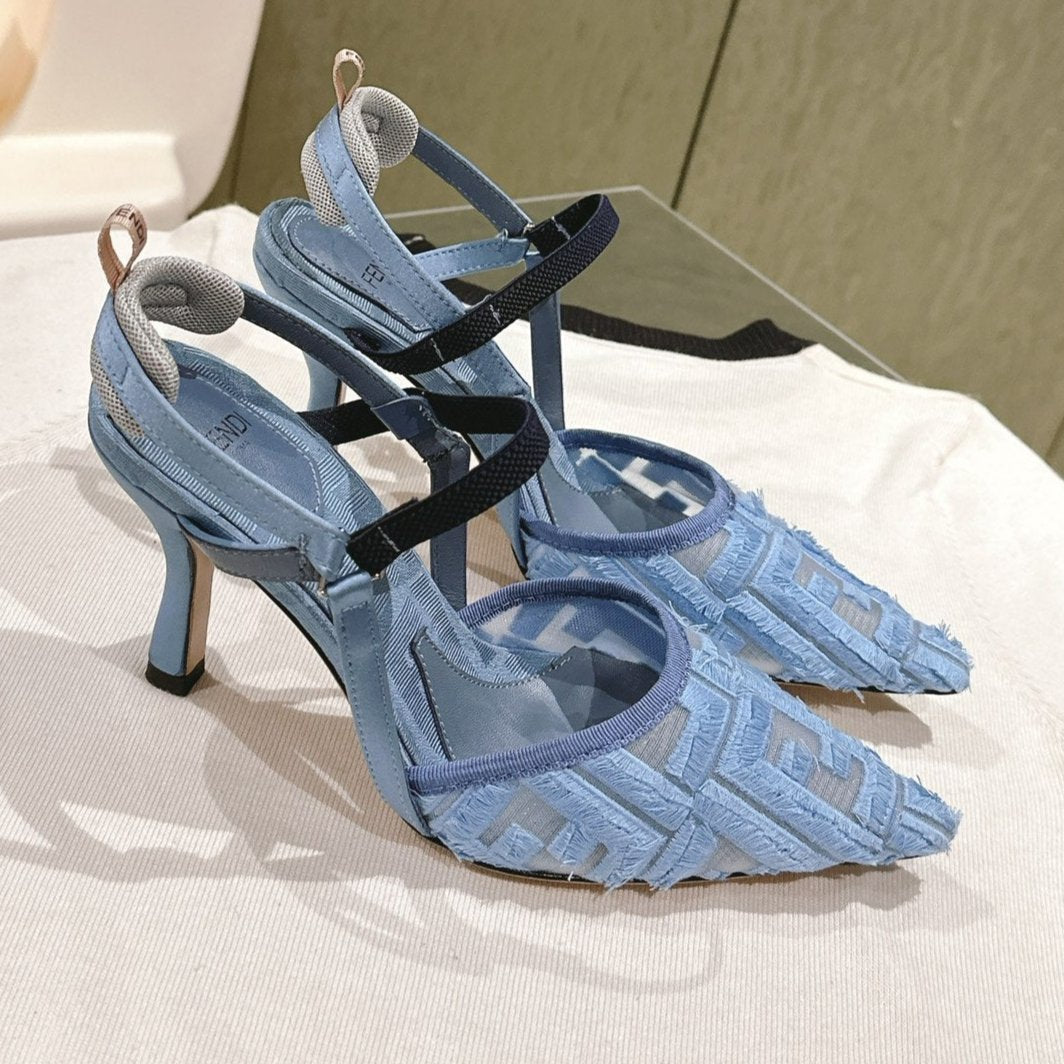 Luxury FendiLuxury FendiCOLIBRÌ HIGH-HEELED SLINGBACKS 75MM IN SKY BLUE FABRIC
