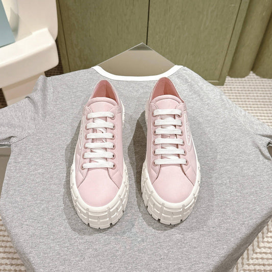 Luxury PradaDOUBLE WHEEL RE-NYLON GABARDINE SNEAKERS PASTEL PINK CALFSKIN