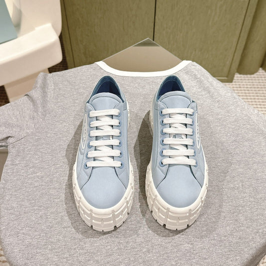 Luxury PradaDOUBLE WHEEL RE-NYLON GABARDINE SNEAKERS SKY CALFSKIN