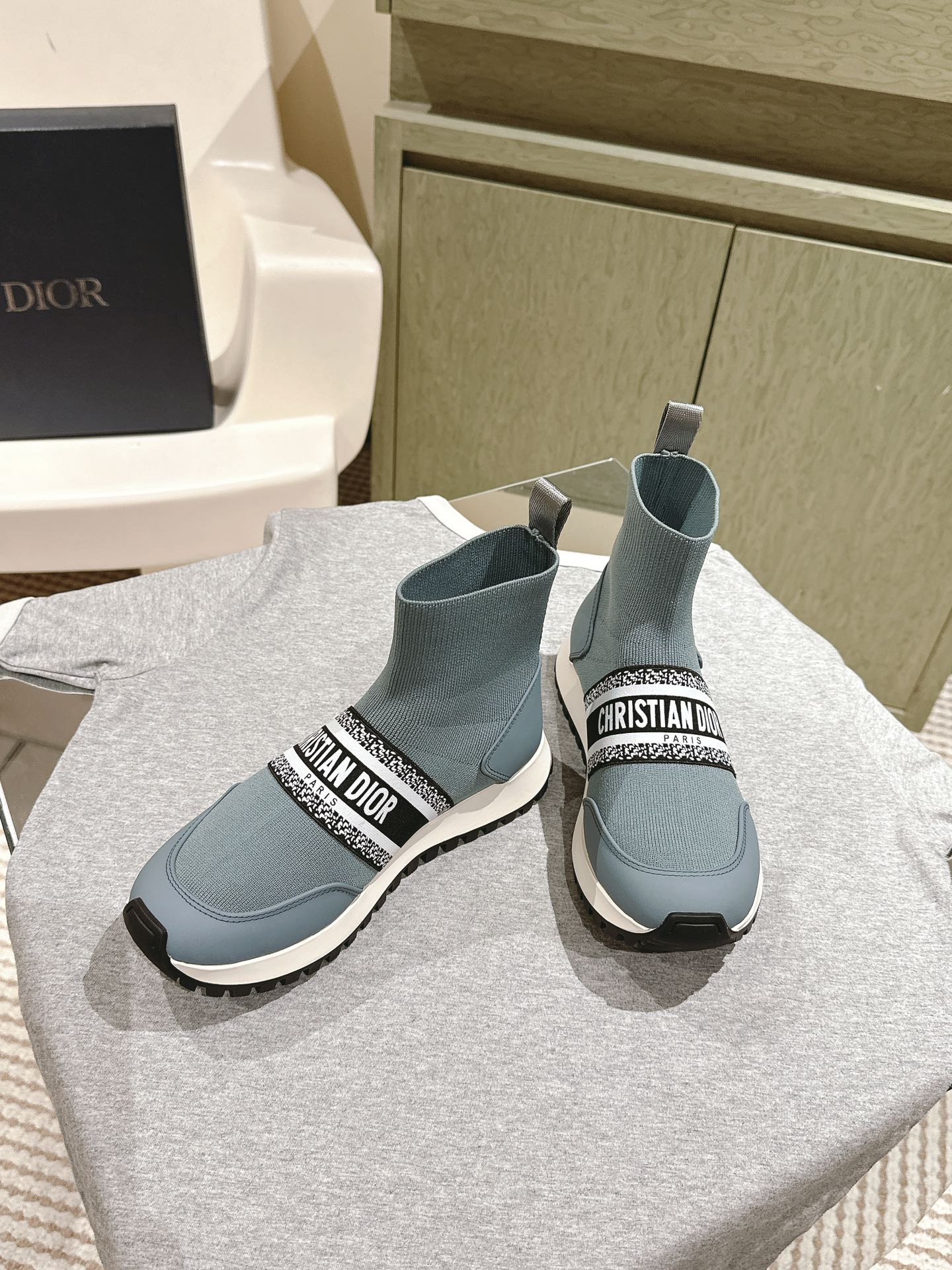 Luxury DiorHigh-Top Sneaker 40mm Blue Grey Stretch Wool And Lambskin