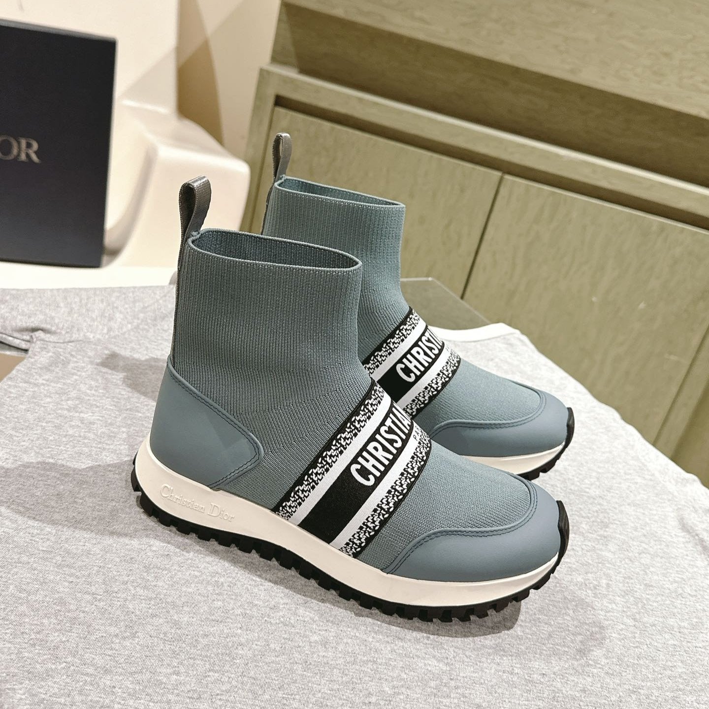 Luxury DiorHigh-Top Sneaker 40mm Blue Grey Stretch Wool And Lambskin