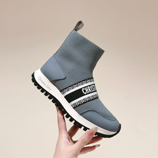 Luxury DiorHigh-Top Sneaker 40mm Blue Grey Stretch Wool And Lambskin