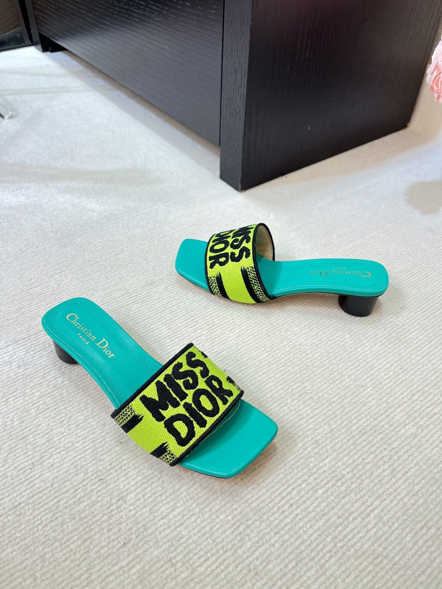Luxury Diordway heeled slide 35 lime blue embroidered cotton
