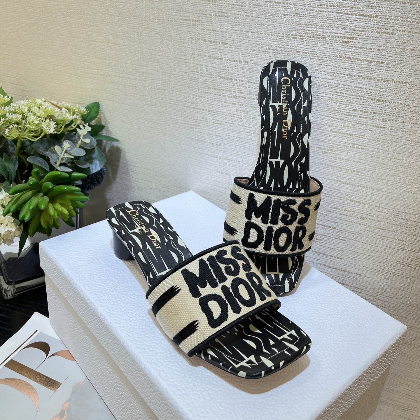 Luxury Diordway heeled slide 35 embroidered cotton black miss alllover motif