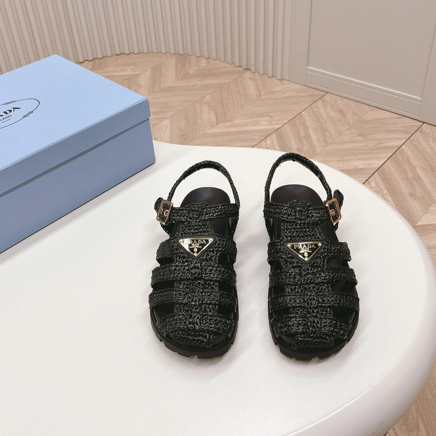 Luxury PradaRUBBER FISHERMAN SANDALS BLACK LAMBSKIN