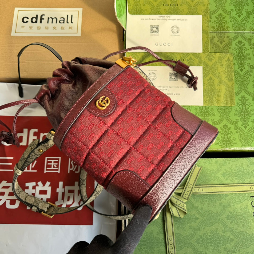 Luxury Gucci BUCKET BAG 18 IN BURGUNDY RED CANVAS AND CALFSKIN GOLD HARDWARE