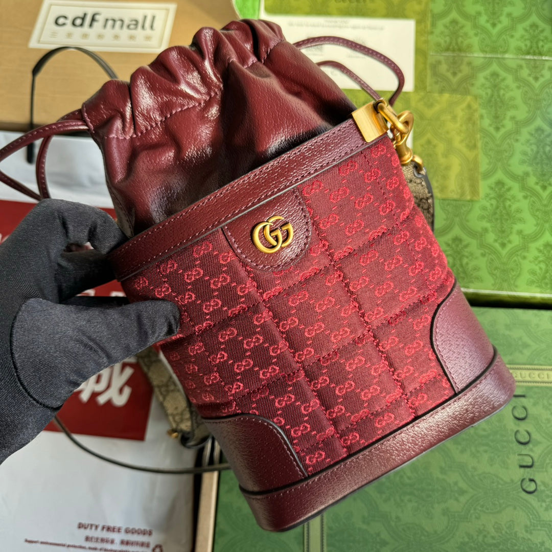 Luxury Gucci BUCKET BAG 18 IN BURGUNDY RED CANVAS AND CALFSKIN GOLD HARDWARE