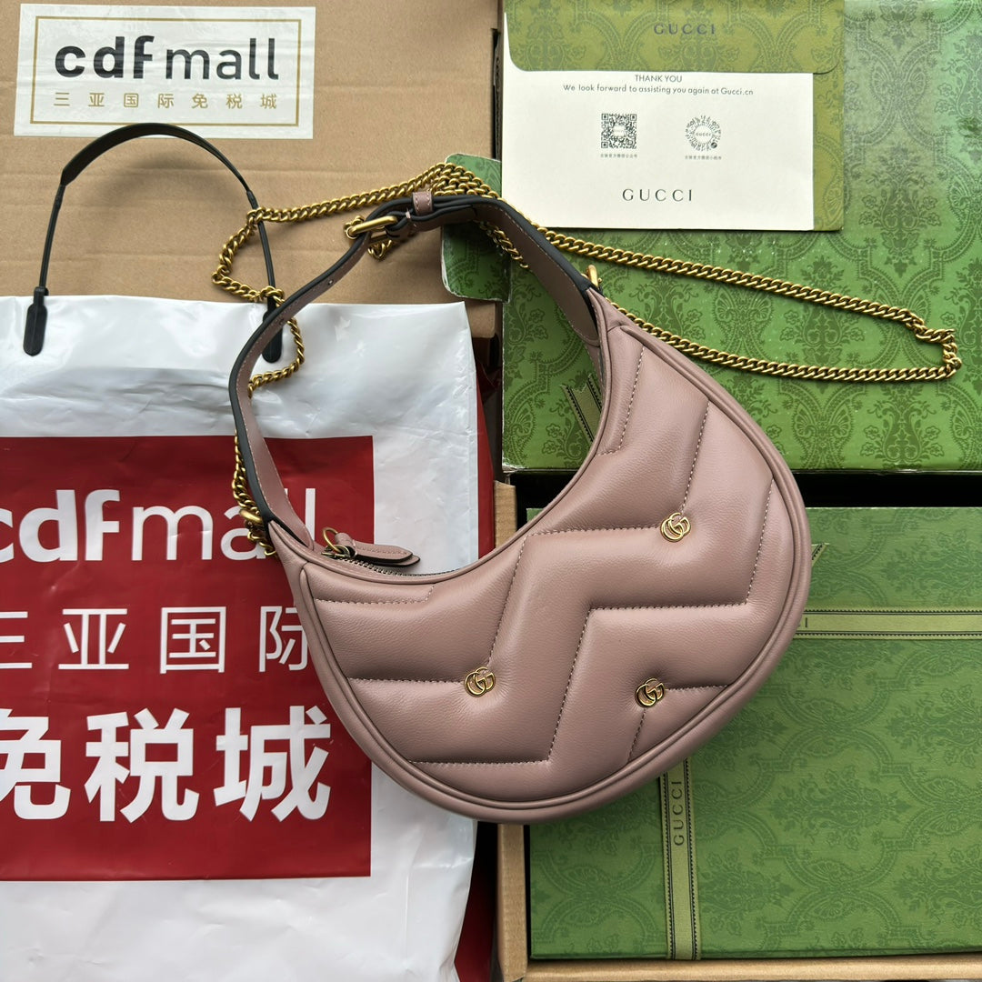 Luxury Gucci gg marmont half-moon shaped 21cm nude calfskin gold hardware