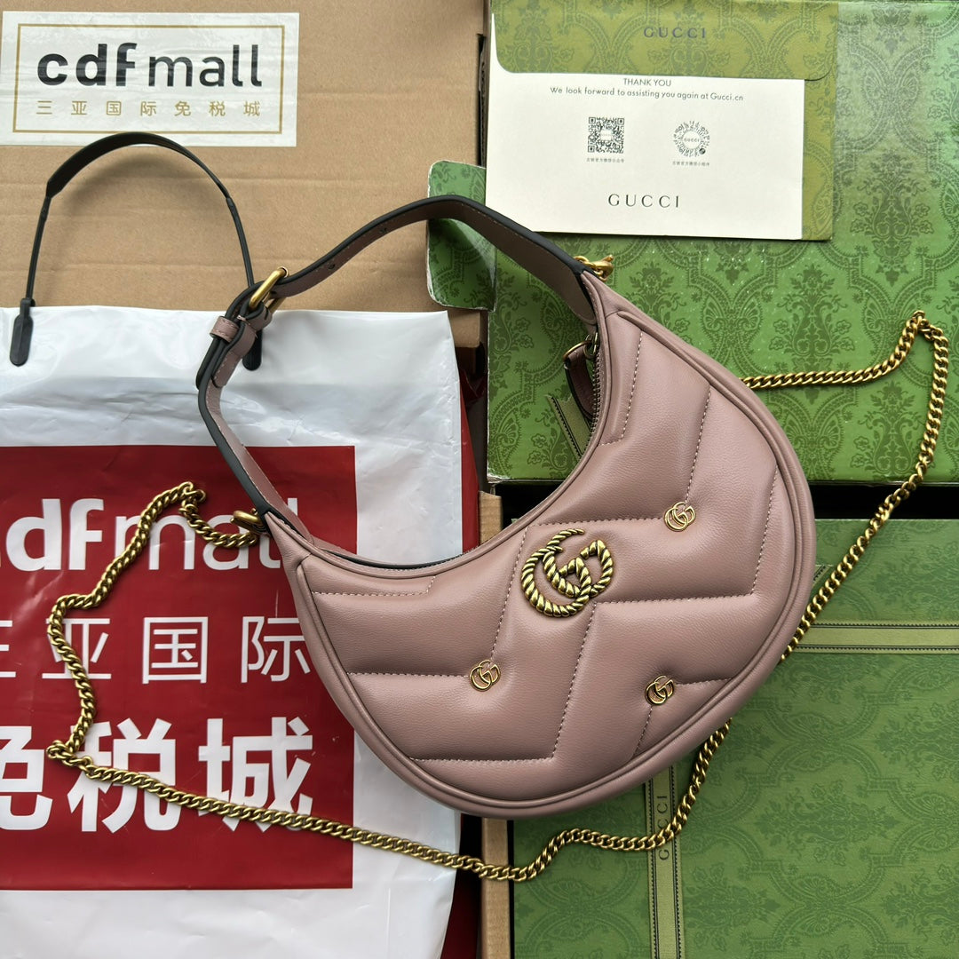 Luxury Gucci gg marmont half-moon shaped 21cm nude calfskin gold hardware