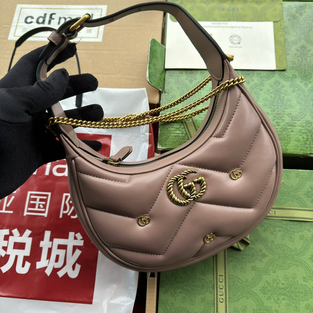 Luxury Gucci gg marmont half-moon shaped 21cm nude calfskin gold hardware