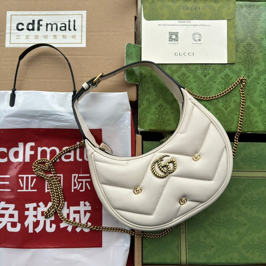 Luxury Gucci gg marmont half-moon shaped 21cm white calfskin gold hardware