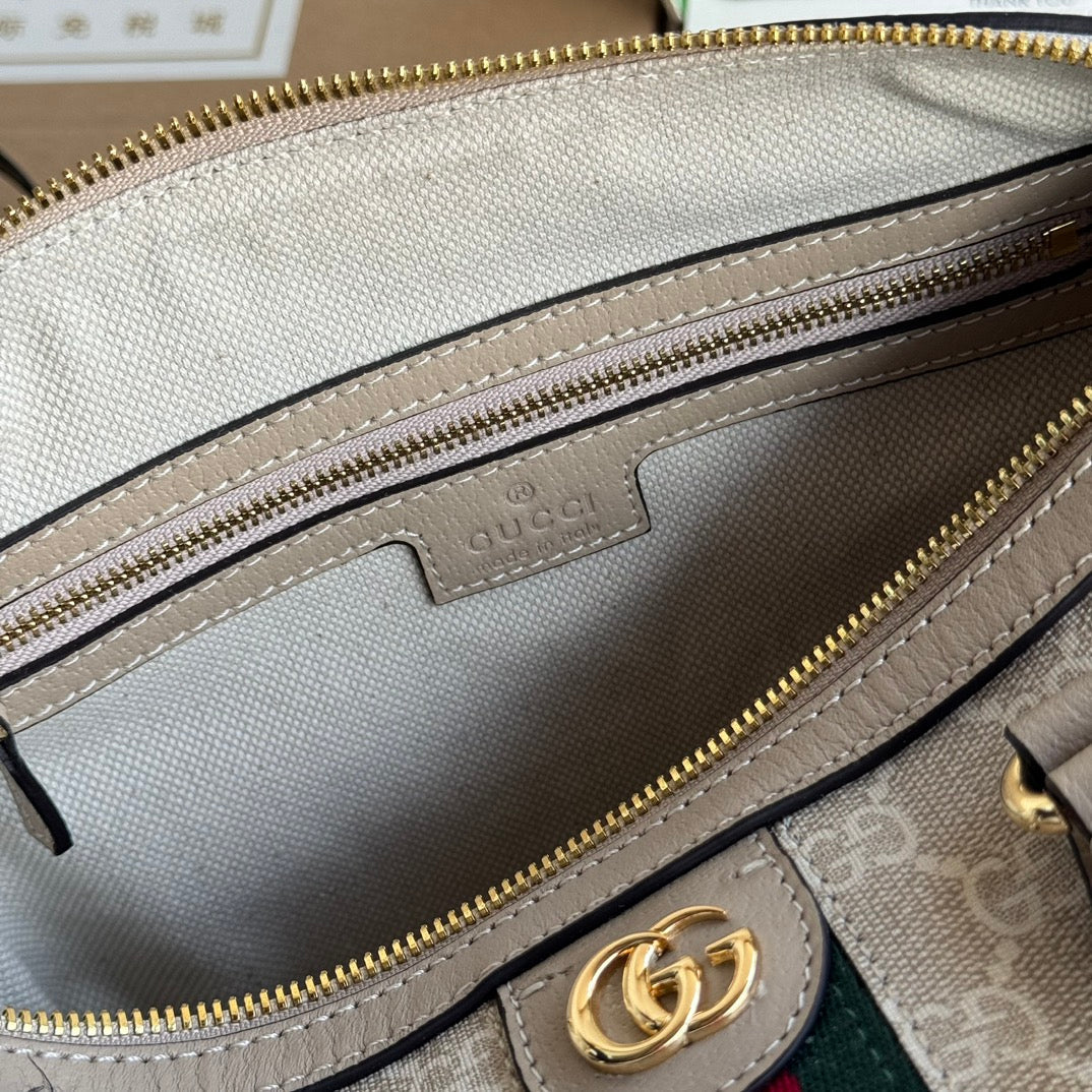 Luxury Gucci OPHIDIA SMALL TOP HANDLE BAG 26 IN BEIGE WHITE CANVAS AND OAT CALFSKIN TRIM GOLD HARDWARE
