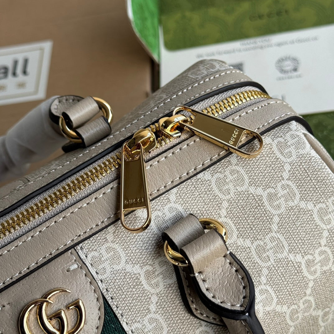 Luxury Gucci OPHIDIA SMALL TOP HANDLE BAG 26 IN BEIGE WHITE CANVAS AND OAT CALFSKIN TRIM GOLD HARDWARE
