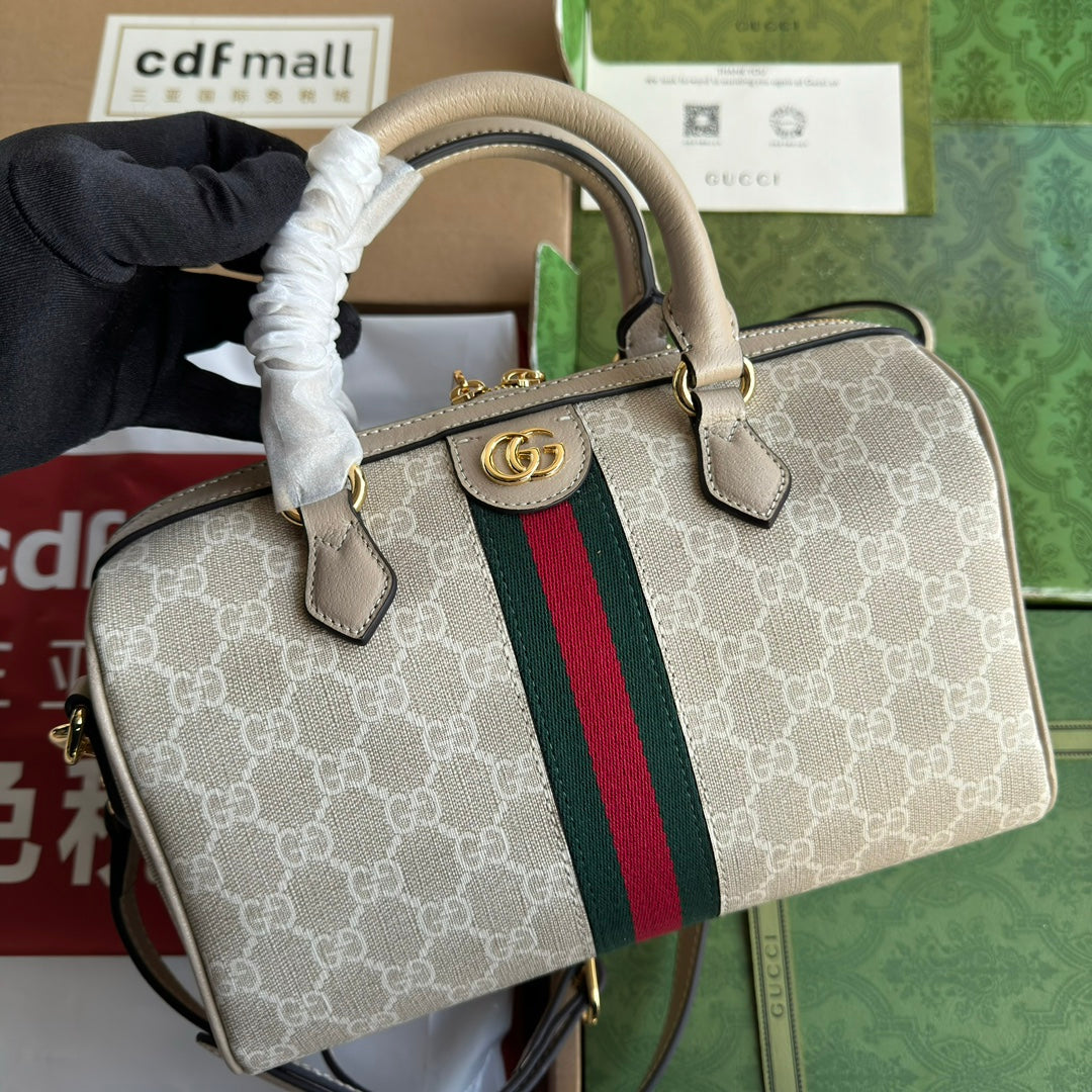 Luxury Gucci OPHIDIA SMALL TOP HANDLE BAG 26 IN BEIGE WHITE CANVAS AND OAT CALFSKIN TRIM GOLD HARDWARE
