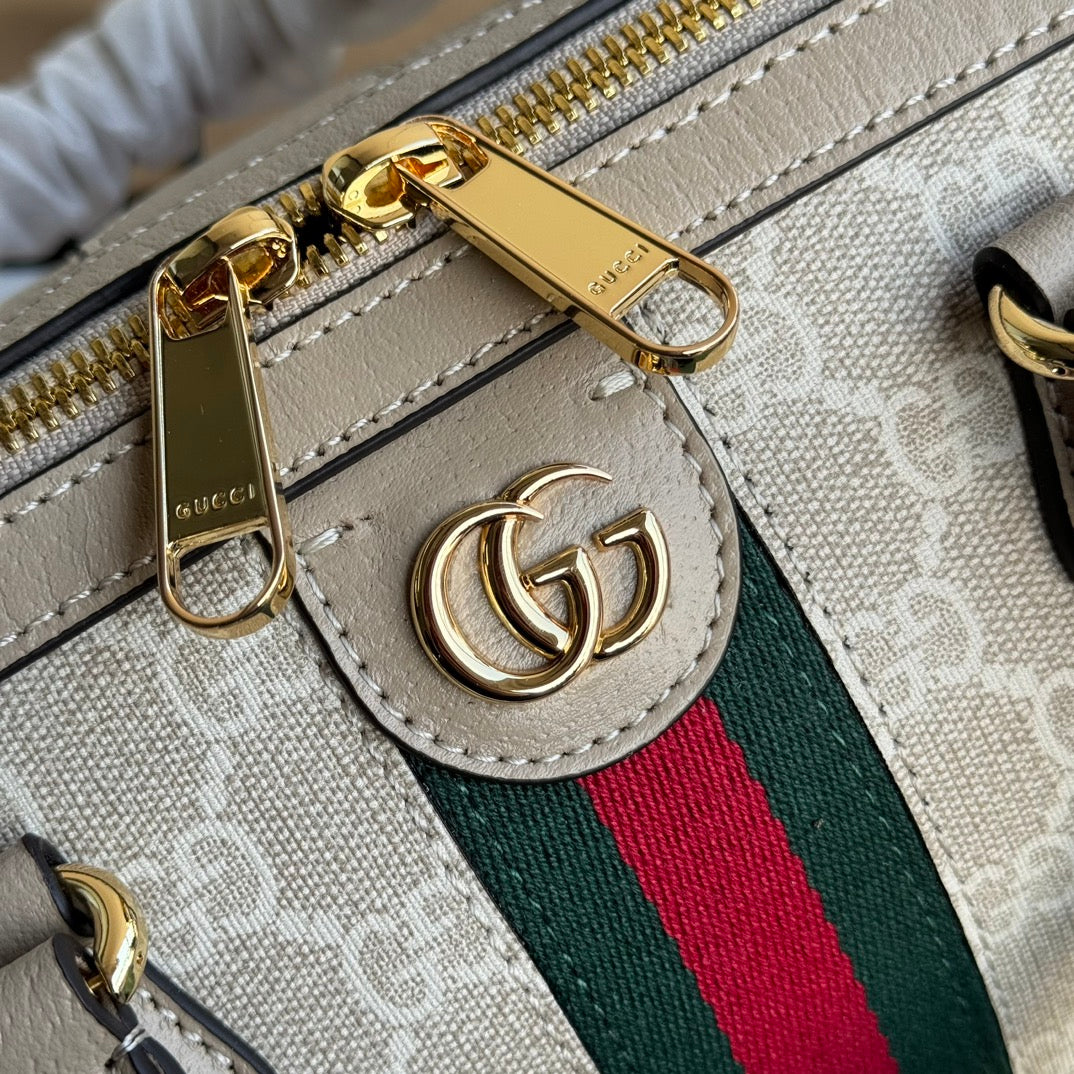 Luxury Gucci OPHIDIA SMALL TOP HANDLE BAG 26 IN BEIGE WHITE CANVAS AND OAT CALFSKIN TRIM GOLD HARDWARE